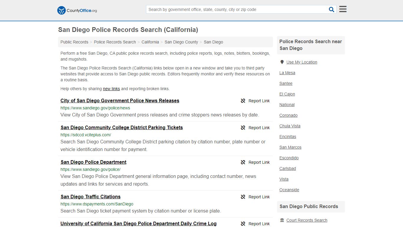 San Diego Police Records Search (California) - County Office